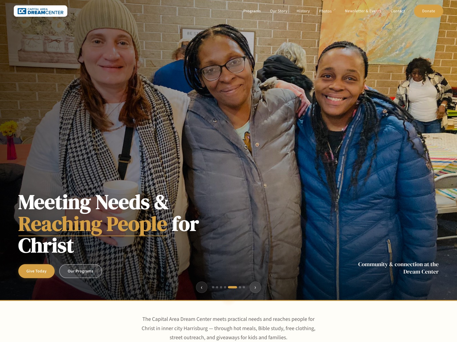 Capital Area Dream Center homepage — hero photo of community members with the headline 'Meeting Needs & Reaching People for Christ'