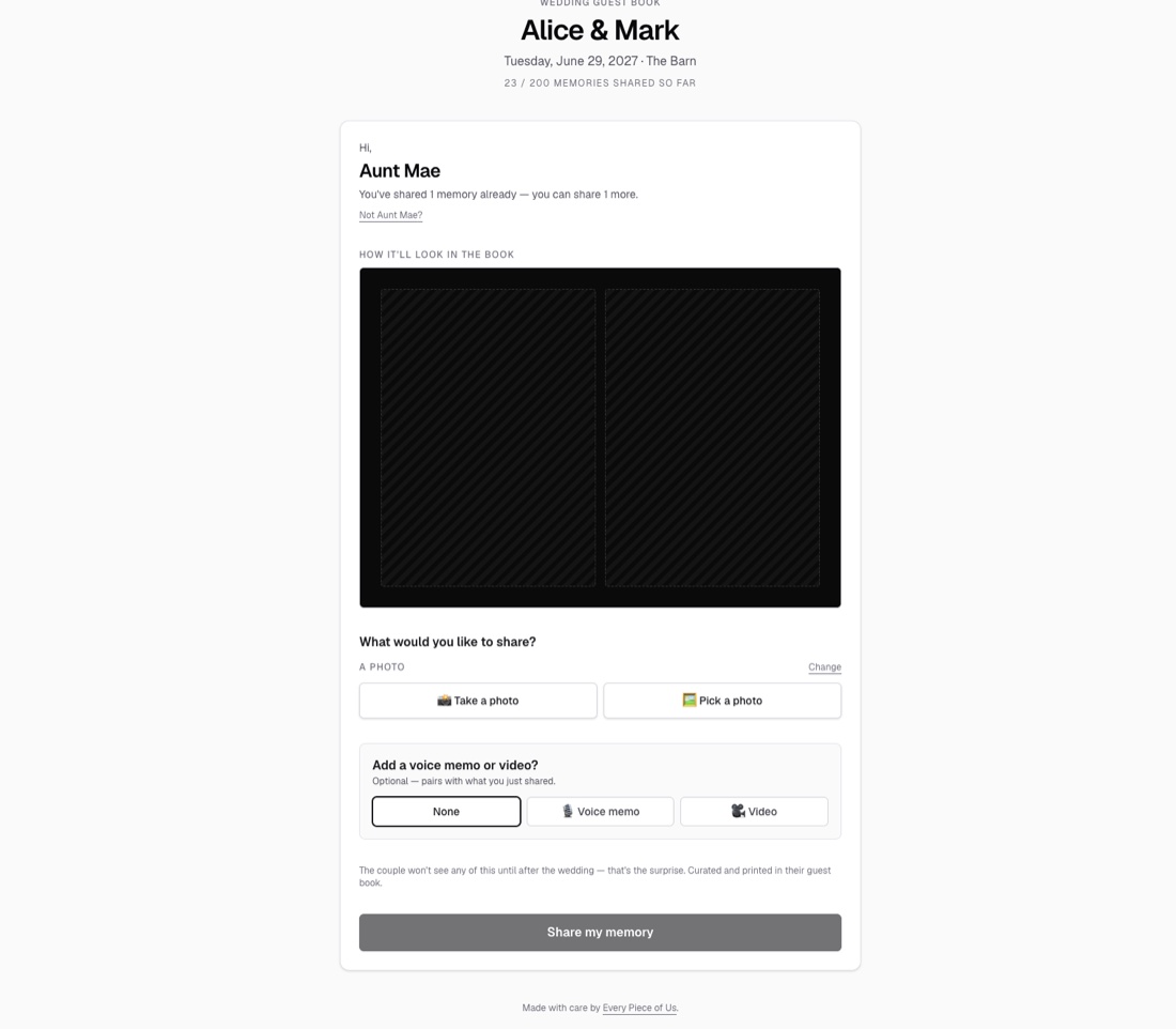 Every Piece of Us — contributor screen showing a live preview of the printed page