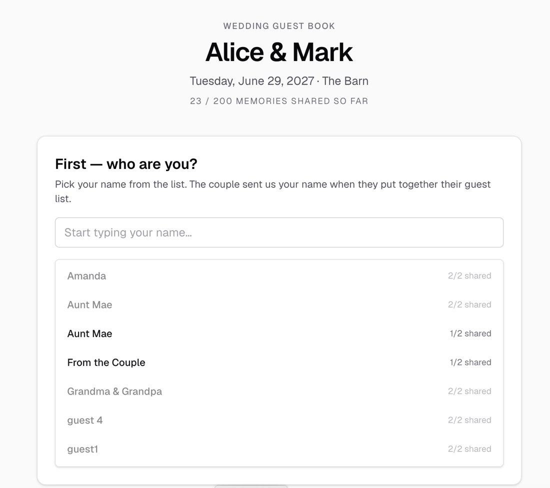 Every Piece of Us — a guest picks their name from the couple's guest list instead of creating an account