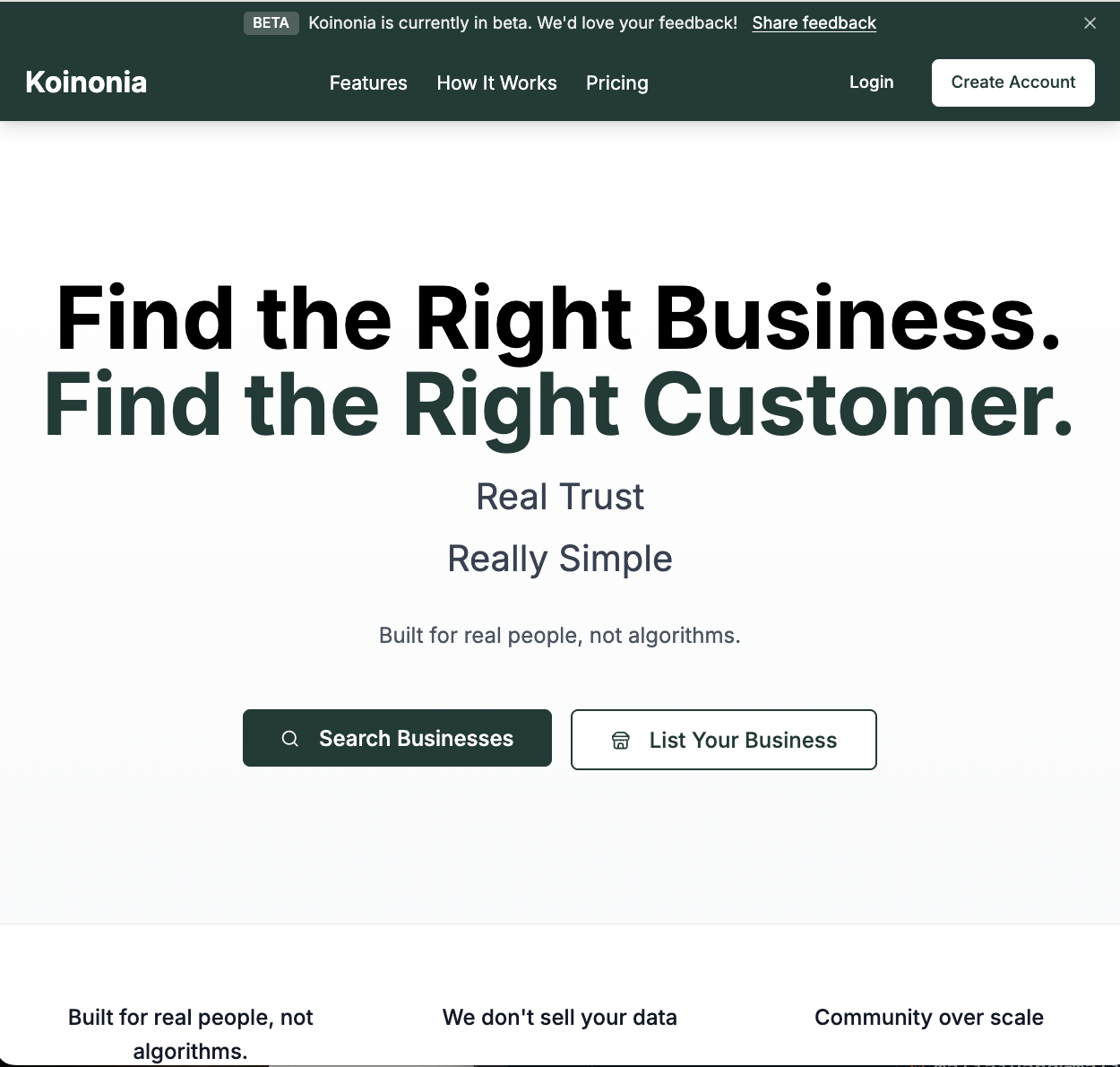 Koinonia — discover local businesses search interface